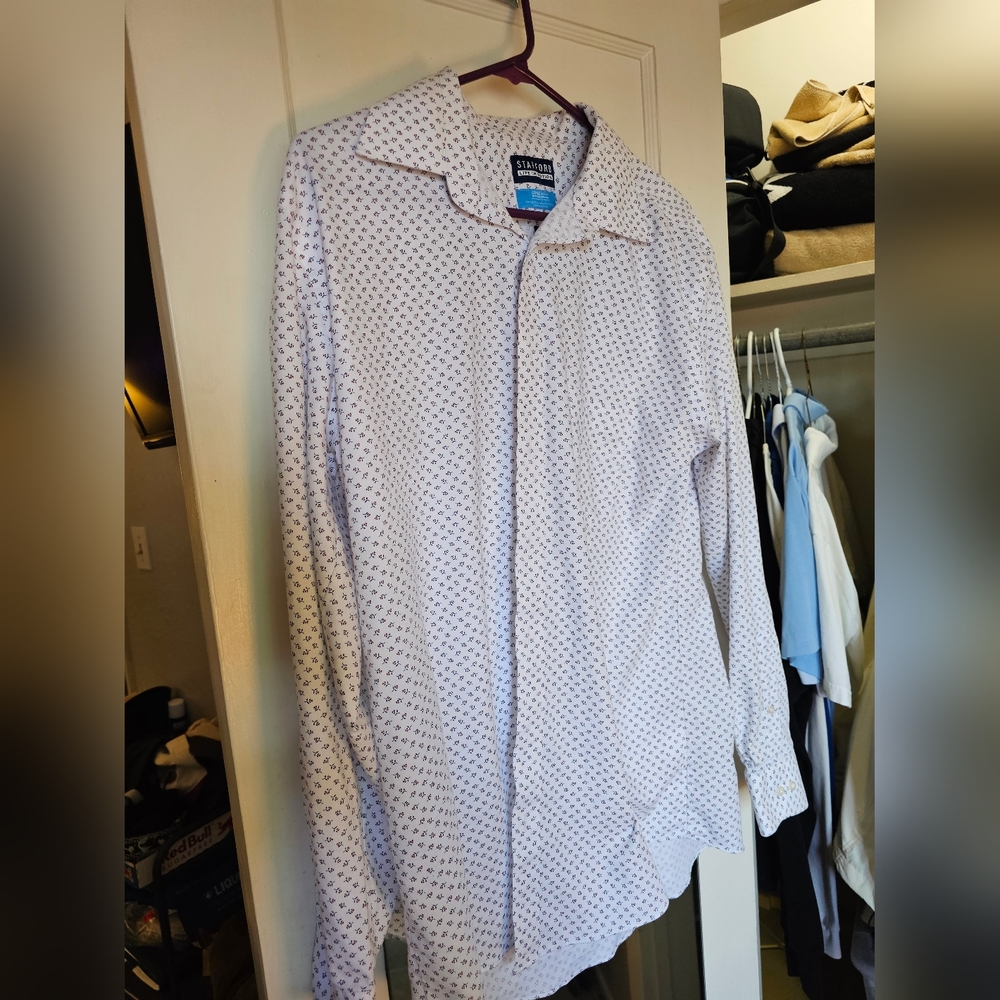 Stafford White and Blue Casual Button Down Shirt, Large